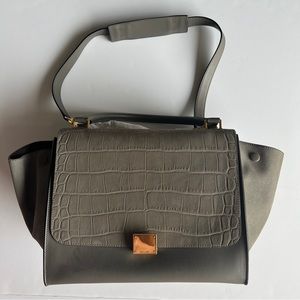 Celine Grey Croc Embossed Leather and Suede Medium Trapeze Top Handle Bag